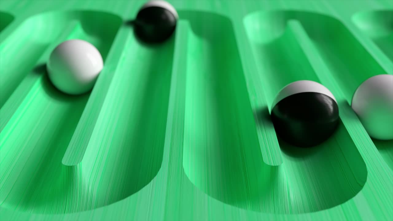 Bright colorful background with rolling balls along the paths. Plastic ball rolling in geometry deepening. 3d animation of a seamless loop