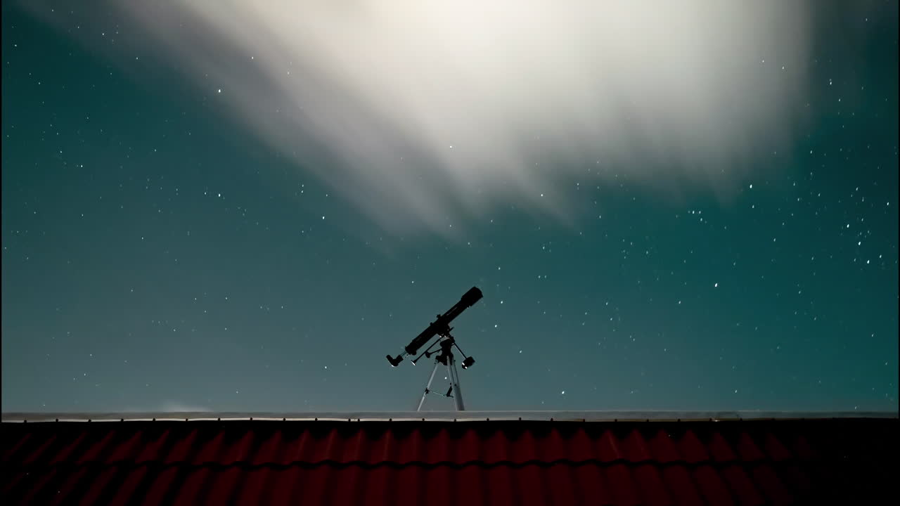 Timelapse shot of my telescope on the roof of my house with the stars and clouds passing behind it.