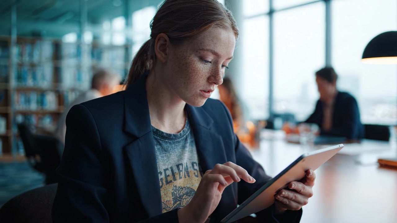 Focused Young Woman Using Tablet in Office Environment with Professionals Working in Background, Demonstrating Modern Technology and Collaboration in Action.
