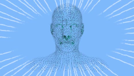 animation of light trails over spinning human head model against blue background