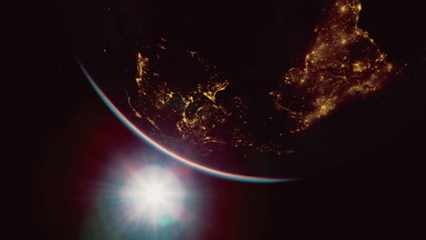 la tierra iluminada por las luces de la ciudad vista desde el espacio al amanecer