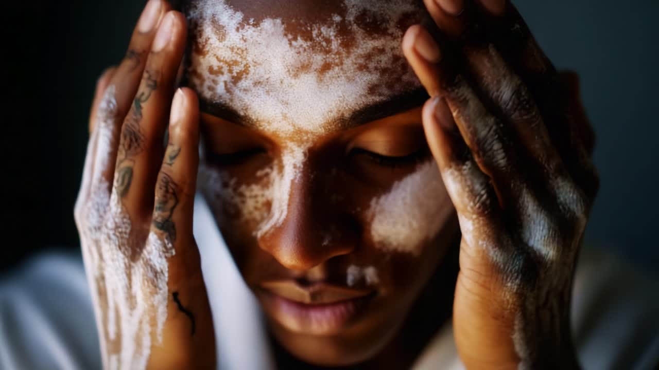 A serene moment of self-care captured in calming light as an individual gently cleanses their face, embracing a mindful skincare ritual with attention and care