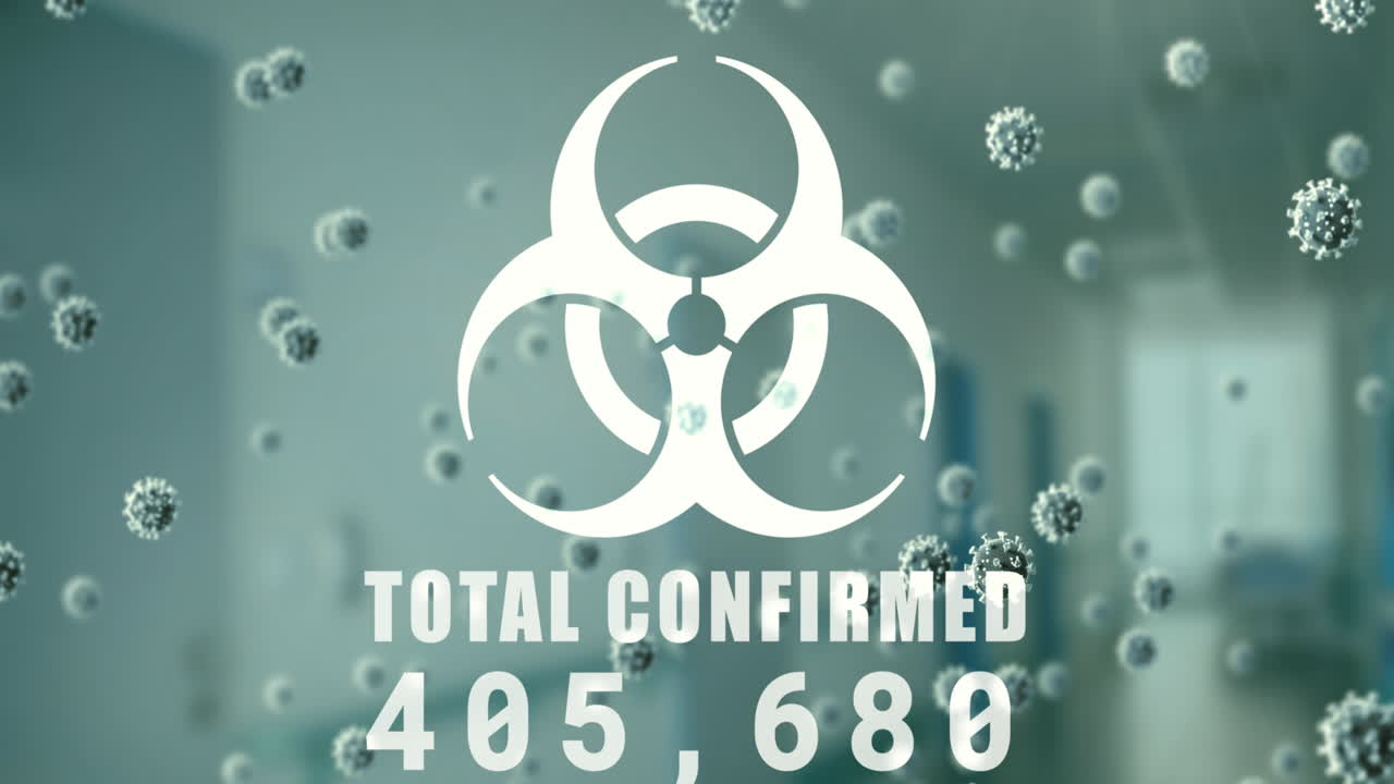 animación de un signo de virus con las palabras total confirmado y números cambiantes y células macro covid-19