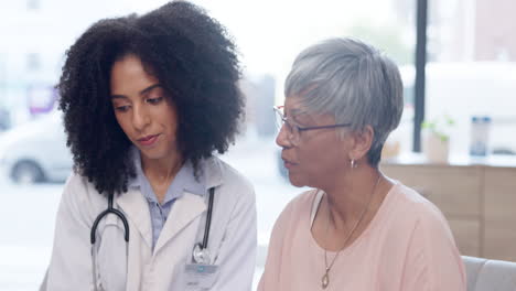 advice, explain and doctor with old woman
