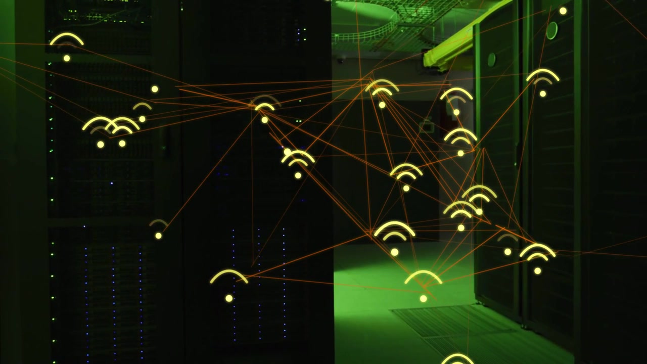 Icone Wi-Fi luminose che appaiono, rete mesh che cresce e si collega tra i rack, mostrando un traffico in aumento