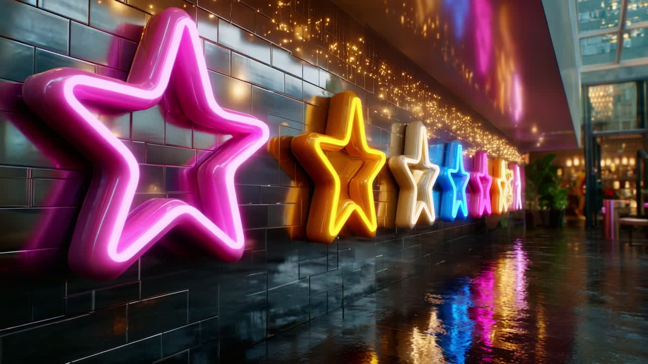 Vibrant Neon Star Decorations Illuminating a Glossy Floor in an Urban Setting, Highlighting the Playful Blend of Colors and Reflections in a Contemporary Interior Space