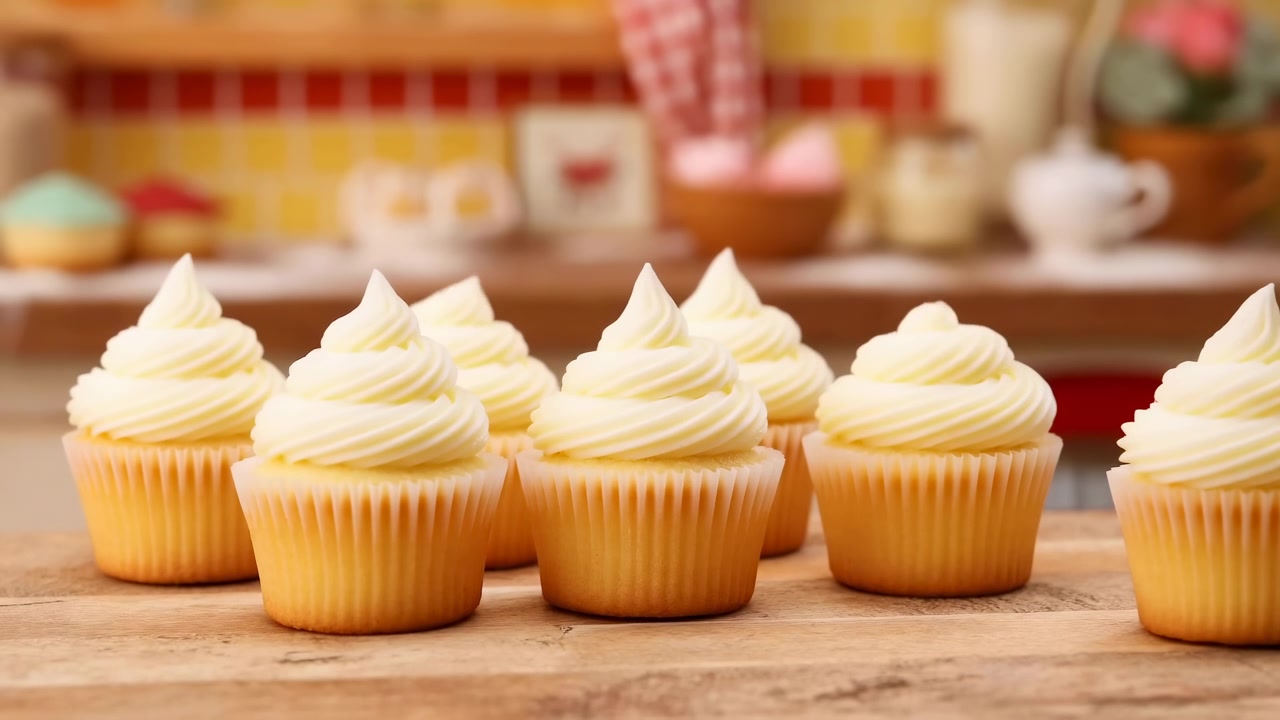 Cupcakes de baunilha amanteigados sobre uma mesa de madeira, com fundo de cozinha rústica, sequência de decoração encenada, partindo do simples