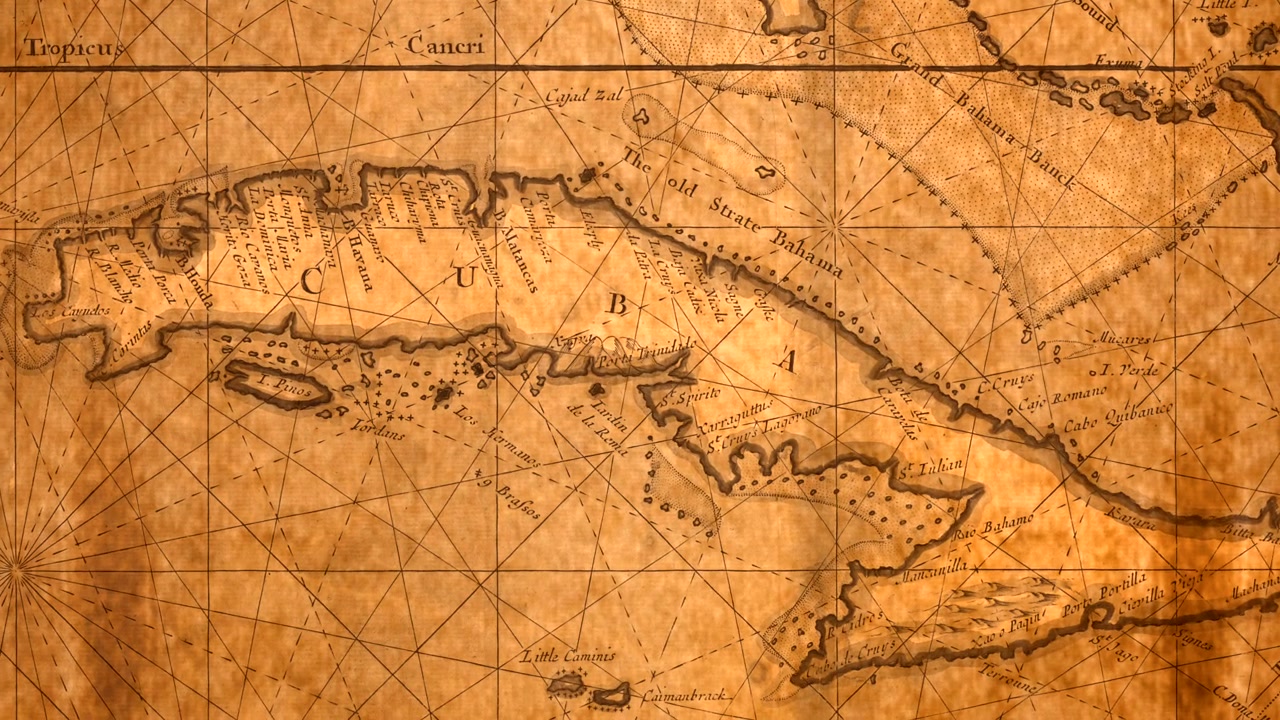 Vintage kart over Cuba og Karibia med intrikate maritime og historiske detaljer