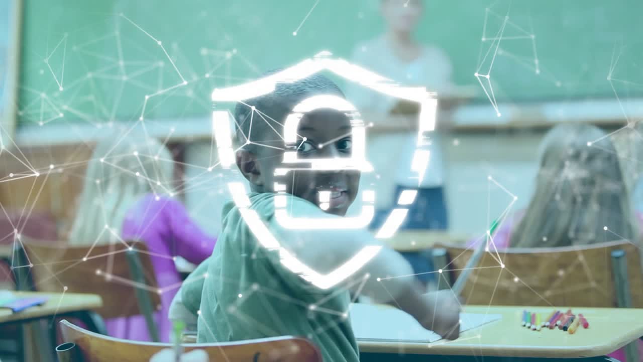 Boy writing in classroom causing glowing network lines forming shield lock showing data security