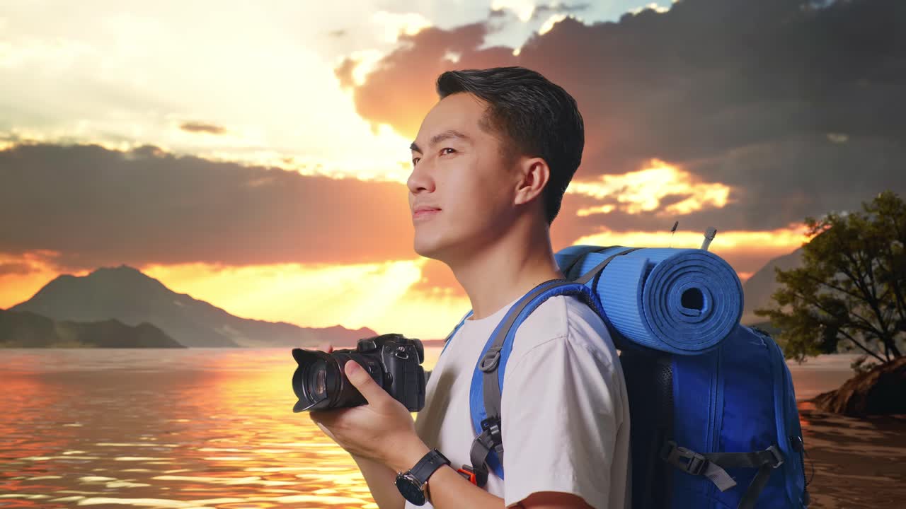 vista lateral de cerca de un excursionista masculino asiático con una mochila de montañismo sosteniendo una cámara en sus manos y luego mirando a su alrededor en un lago