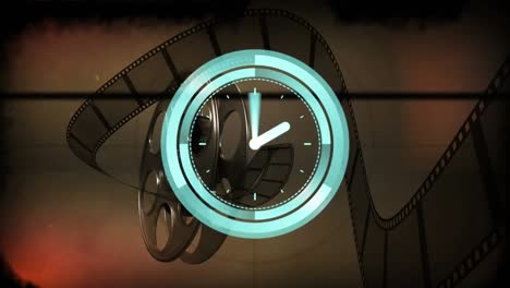 animation of clock moving over tape reel on brown background