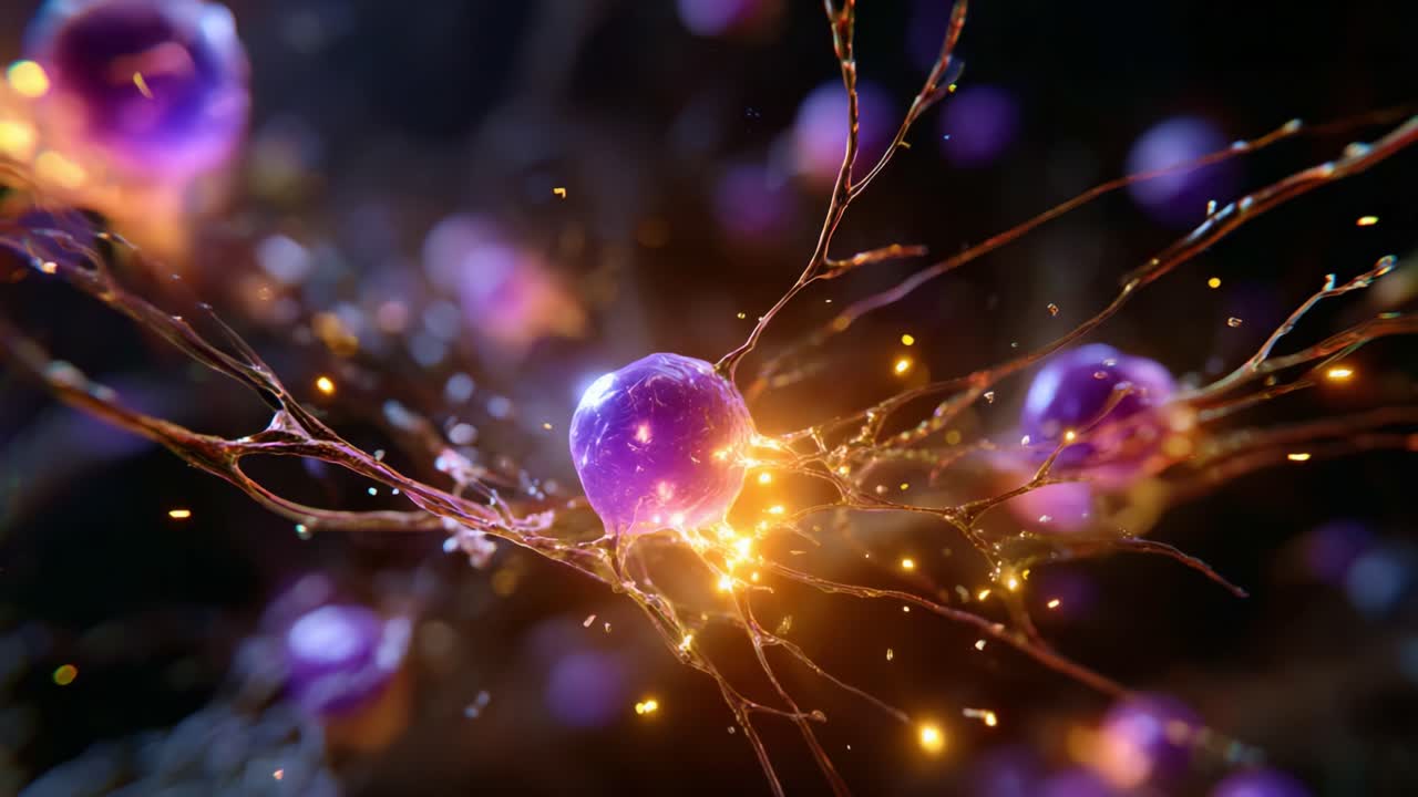Esplora l'intricato mondo delle connessioni neurali e delle strutture cellulari in straordinarie immagini ravvicinate di neuroni viola e delle loro interazioni elettrizzanti