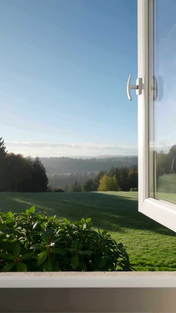 Vertical video: Entering hands reaching and unlatching white window handle at home, revealing lawn