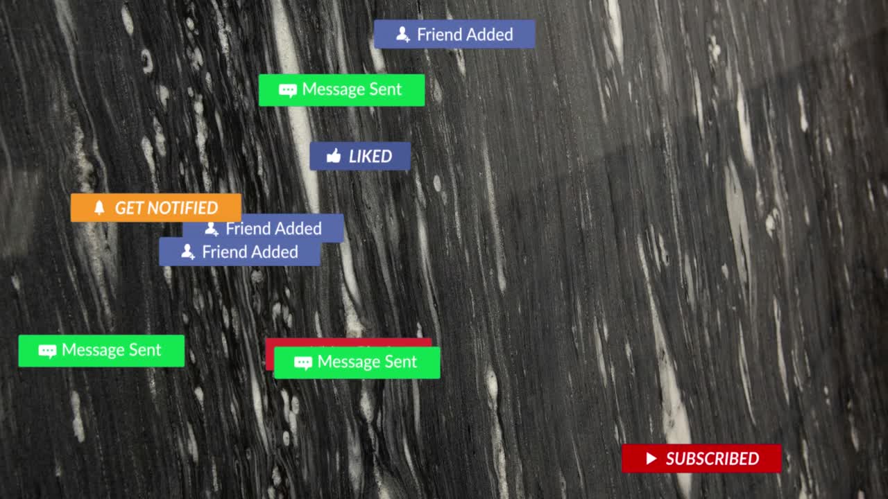 소셜 미디어 아이콘과 암석 배경의 텍스트의 애니메이션