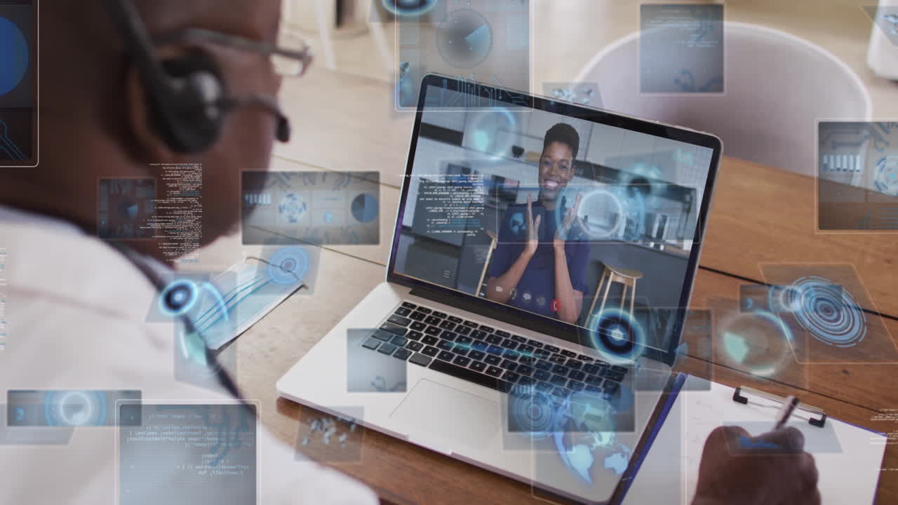 In office, virtual meeting with animation and futuristic data on laptop screen