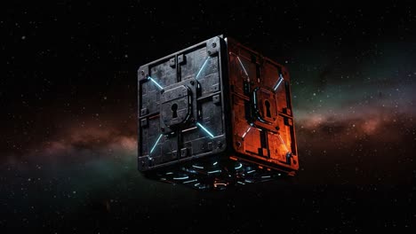 a mysterious floating cube in outer space surrounded by cosmic elements, emitting a glowing light, capturing the essence of futuristic technology and sci-fi aesthetics