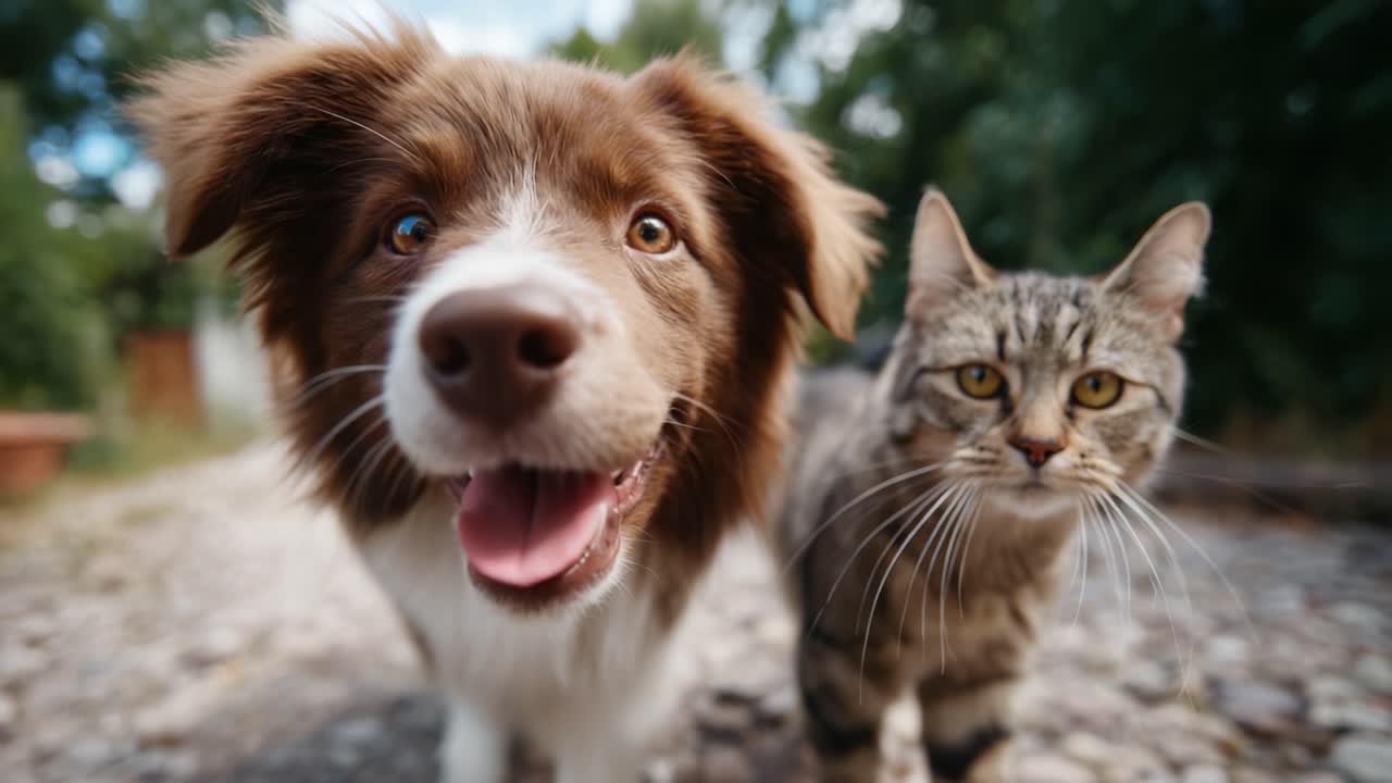 Uma amizade emocionante: um cachorro brincalhão e um gato curioso explorando a natureza juntos em um dia ensolarado, em um ambiente externo e tranquilo