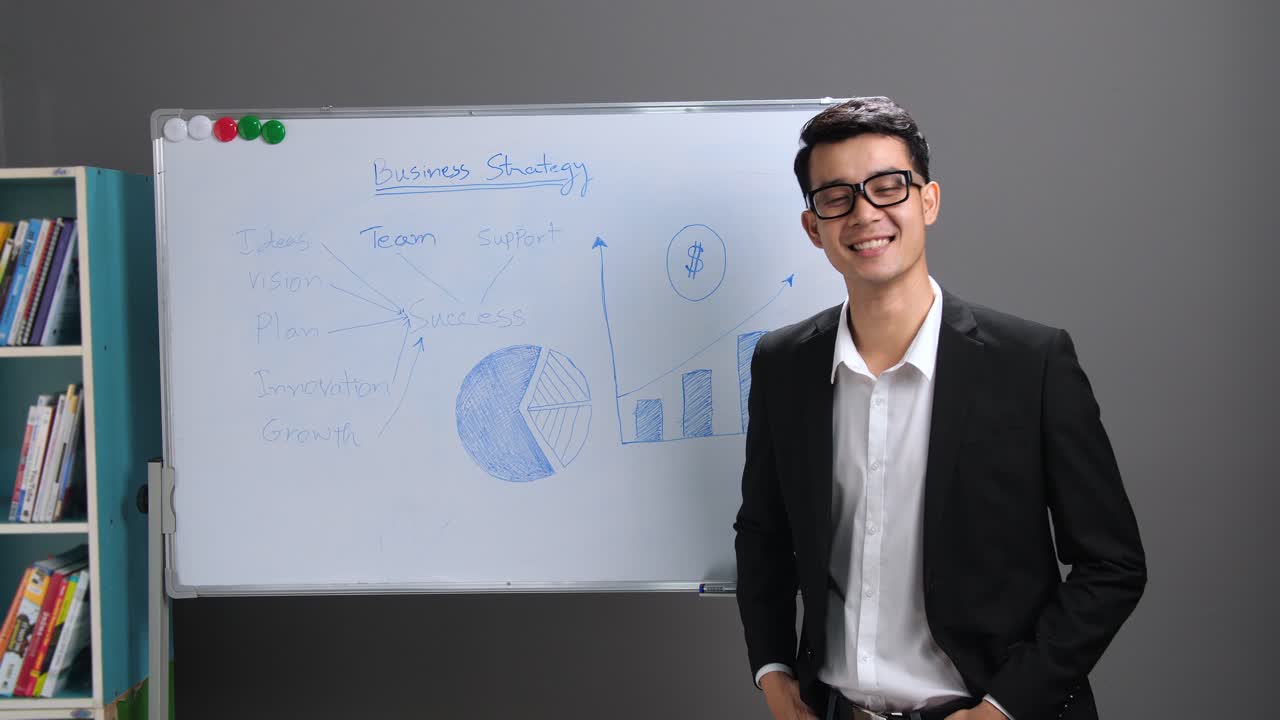 Asian Businessman Smiling With Whiteboard