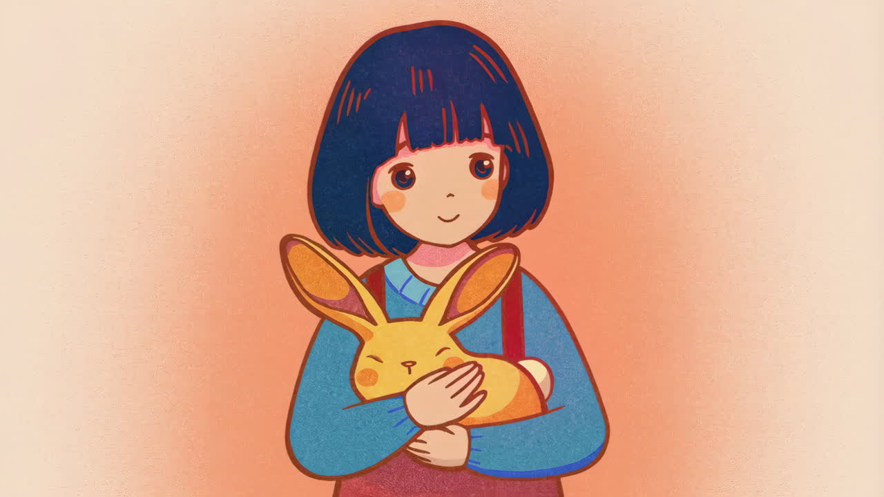 Cute Cartoon Girl Holding a Yellow Rabbit Plushie