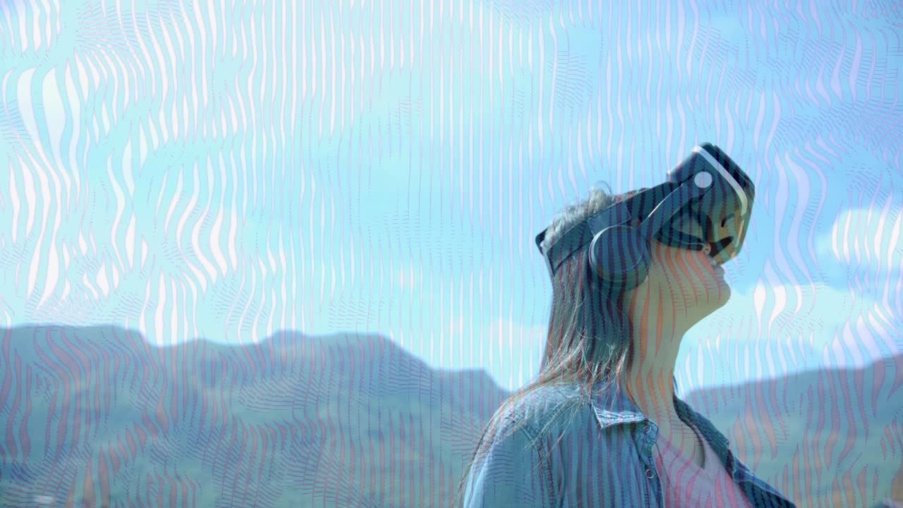 Teen in VR headset, gazing initiating gestures and exploring tech UI with wavy overlay reacting