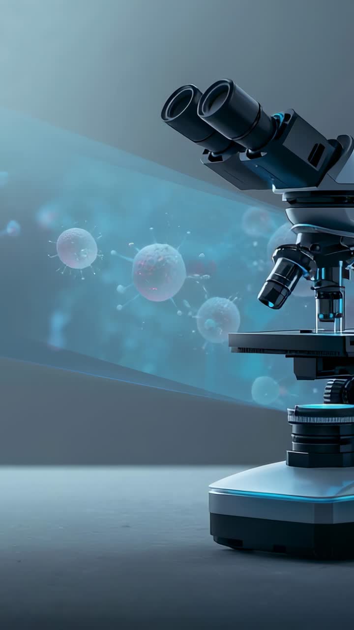 Vertical video: Zooming camera to lab microscope, revealing virus hologram for study, copy space