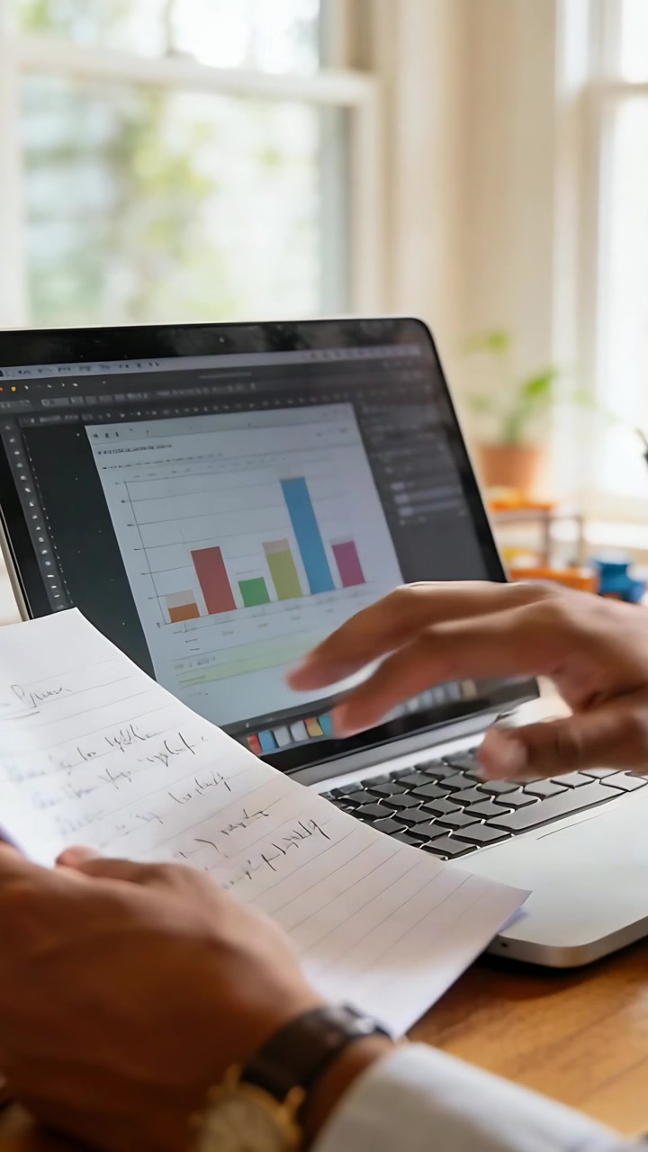 Vertical video: Shifting paper, man comparing notes to update laptop chart at home, shirt cuff