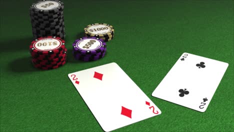 Karten,-Die-Auf-Einen-Pokertisch-Mit-Stapeln-Von-Spielchips-Ausgeteilt-Werden---Pokerhände---Schwaches-Blatt---Ein-Paar-2er---Karo-Zwei-Und-Kreuz-Zwei