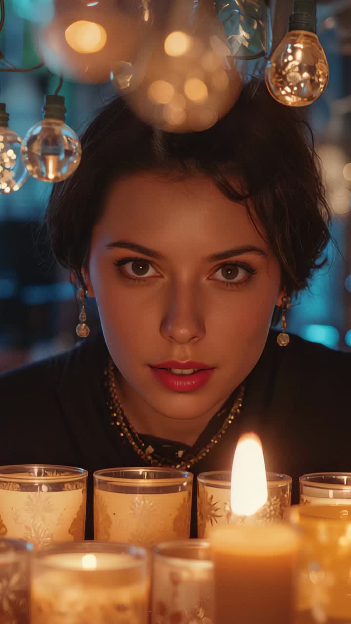 Vertical video: Hearing sound, adult woman turning head at lounge table, with flickering candles