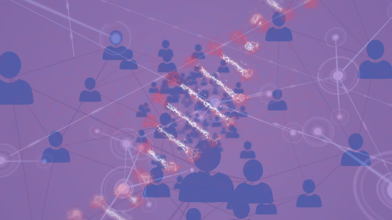 dna 가닥의 애니메이션, 사람들과의 연결 네트워크 보라색 배경의 아이콘