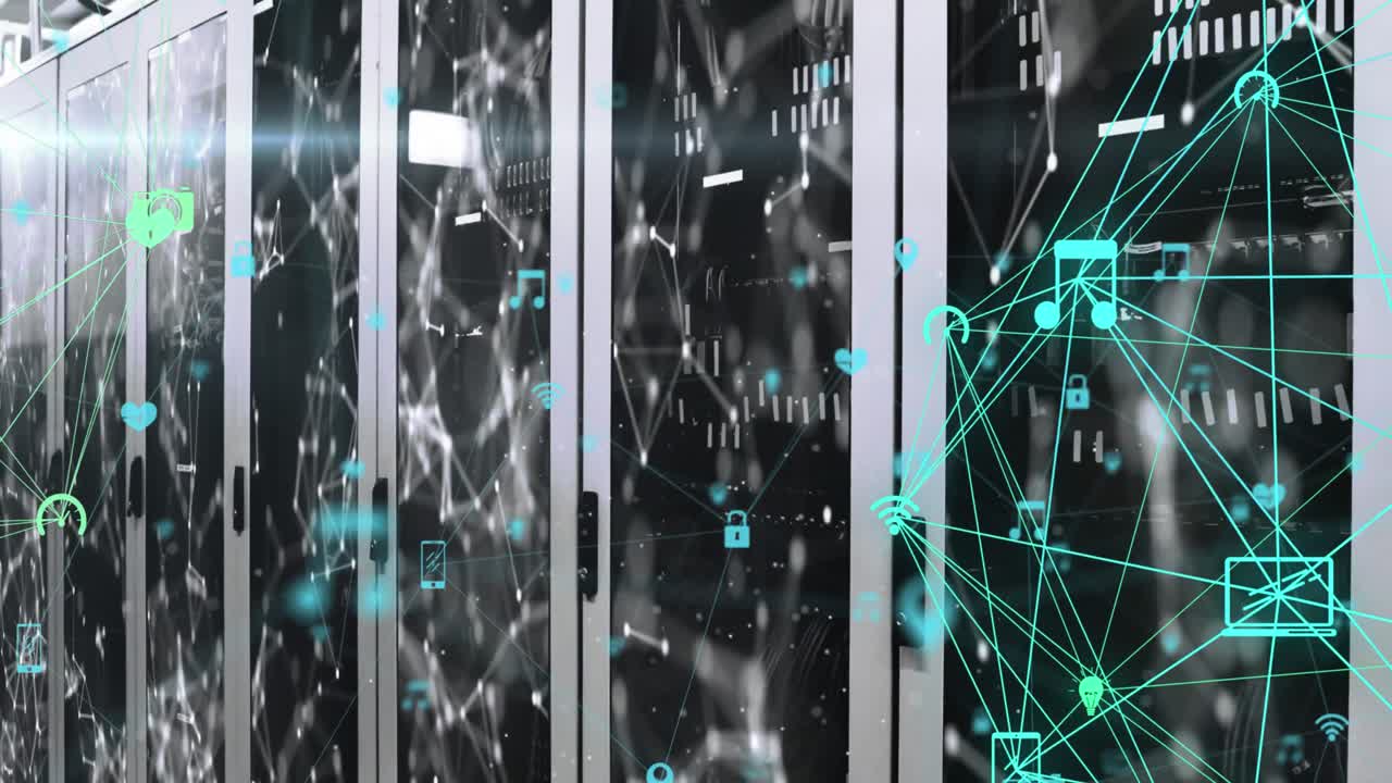 Animation of web of connection with social icons over screens showing graphs