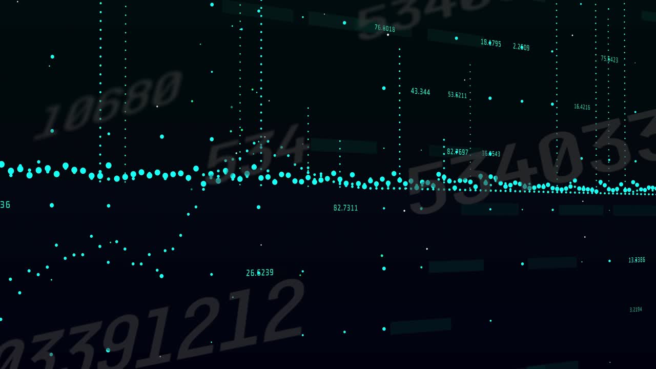 Central teal ribbon receiving data, shifting while columns rising and labels updating for analytics
