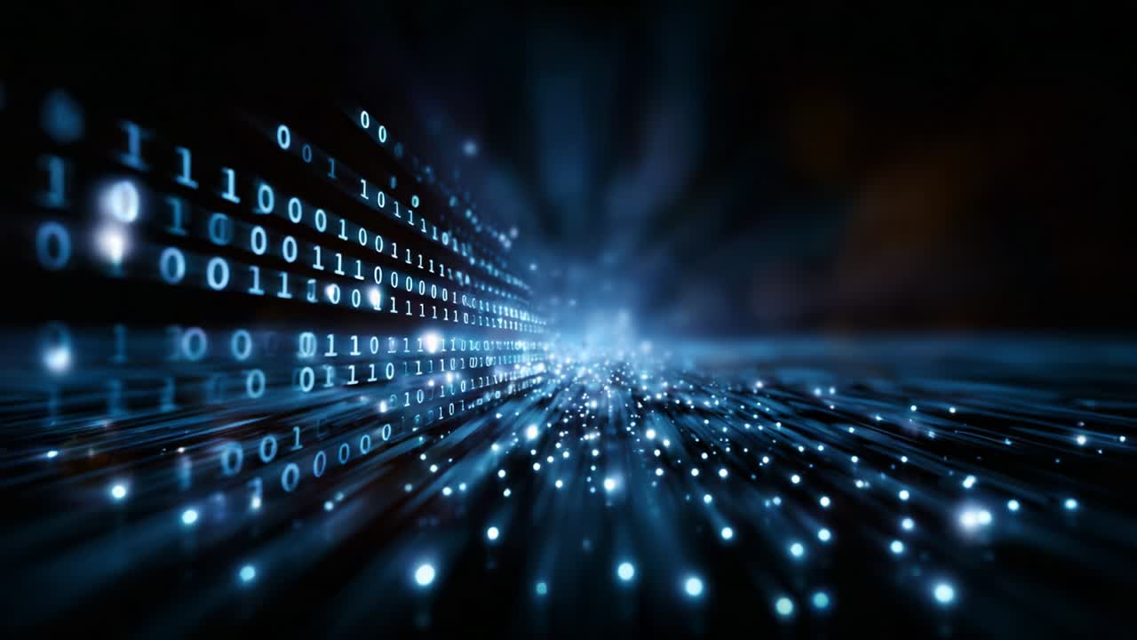 A Mesmerizing Journey Through Digital Data: This Captivating Visual Experience Showcases Flowing Binary Code Amidst a Streaming Background of Light and Energy, Evoking the Essence of Technology and Innovation