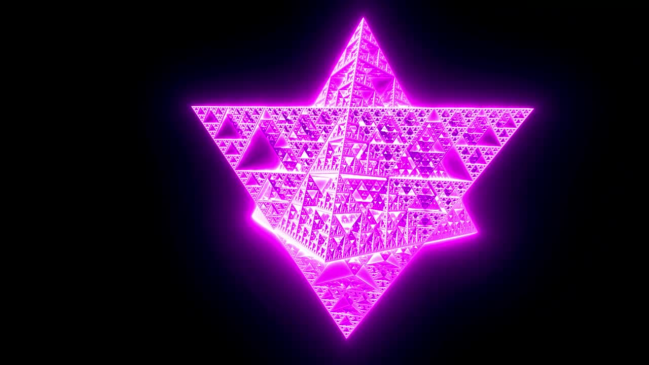 Radiant purple fractal Merkaba and star tetrahedron geometry.