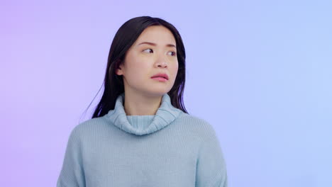 asian woman, thinking and anxiety on face