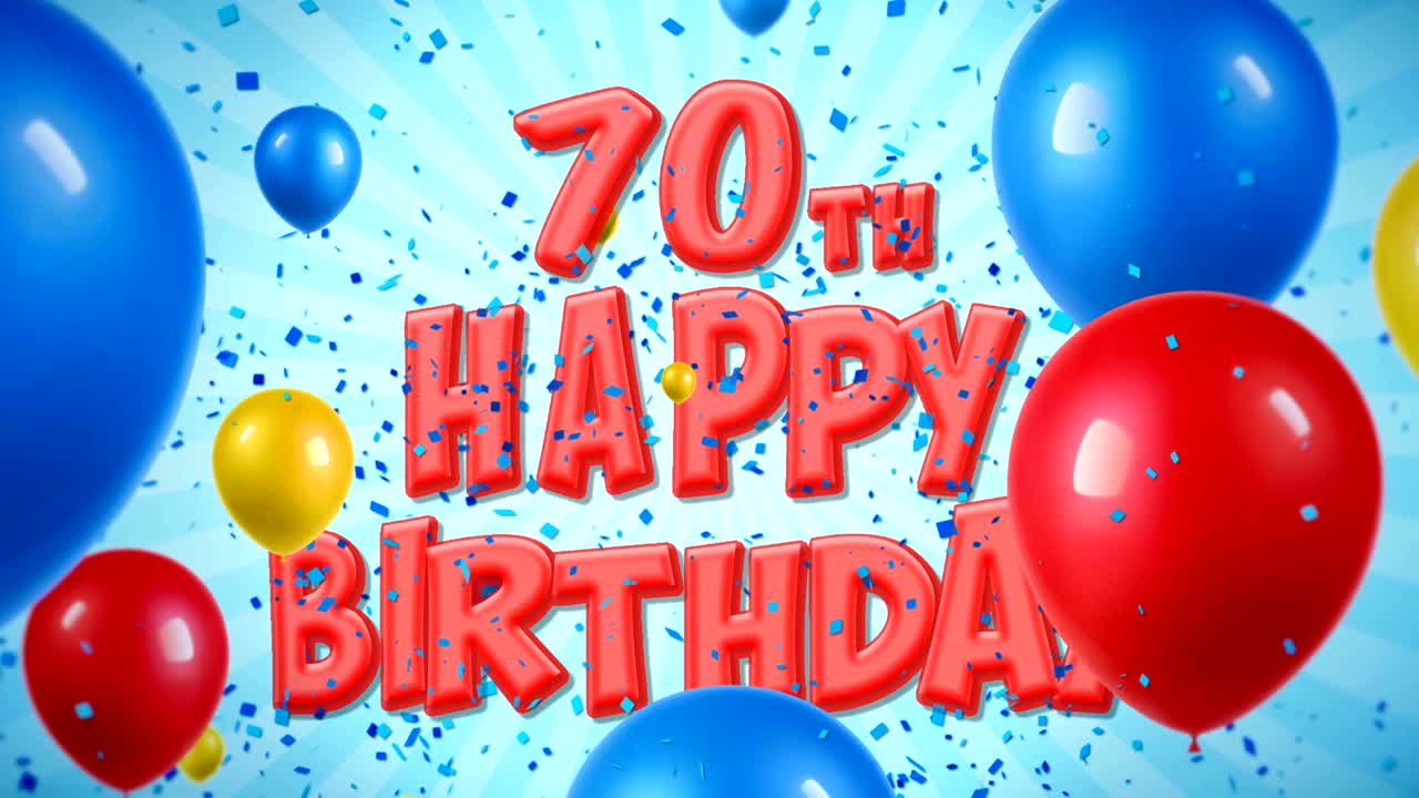 70 cumpleaños feliz texto rojo aparece en confeti popper explosiones cayendo y partículas de brillo, coloridos globos voladores animación de bucle sin fisuras para deseos saludos, fiesta, invitación, tarjeta.