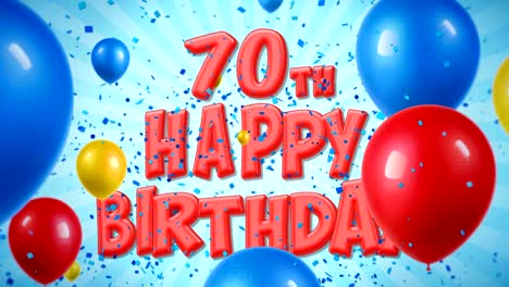 70 cumpleaños feliz texto rojo aparece en confeti popper explosiones cayendo y partículas de brillo, coloridos globos voladores animación de bucle sin fisuras para deseos saludos, fiesta, invitación, tarjeta.