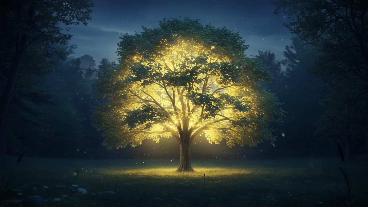A Majestic Tree Illuminated by a Golden Glow in a Serene Night Setting, Surrounded by Dark Woods and a Mysterious Atmosphere that Captivates the Imagination