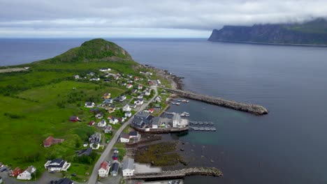 Flying-over-Mefjordvar-village-on-a-overcast-summer-day-on-Senja-Island