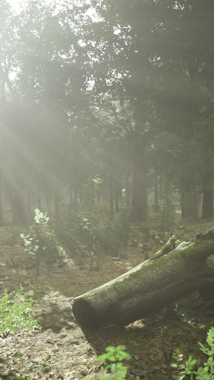 Sunlight filtering through trees in a serene forest grove during early ...
