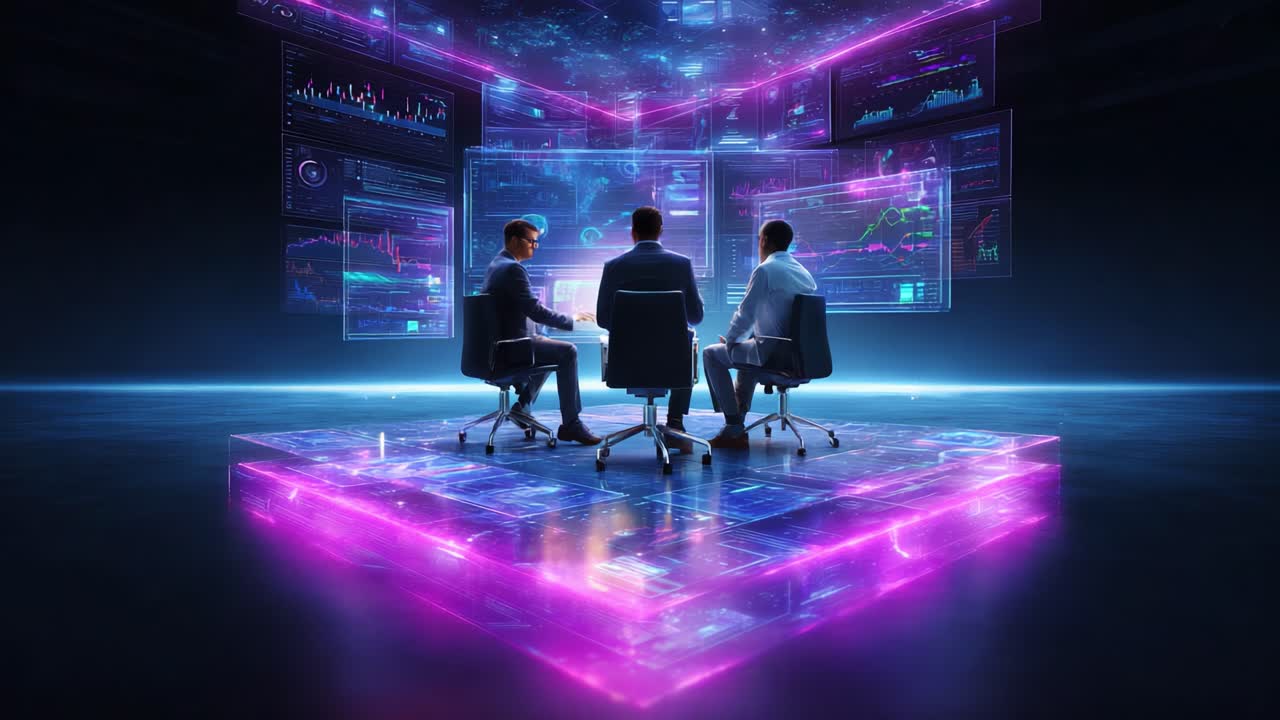 A futuristic setting where three professionals participate in a strategic discussion, surrounded by high-tech data visualizations and glowing interfaces, navigating through complex information