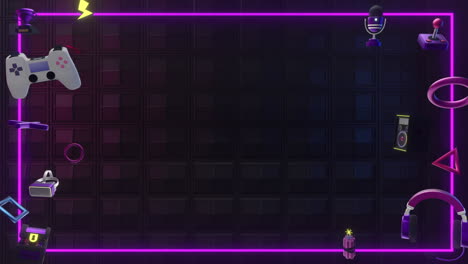 animación del marco de neón, las características de juego y el equipo sobre fondo negro