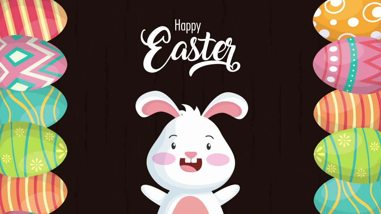 felicità pasqua carta animata con coniglio carino e uova cornice dipinta