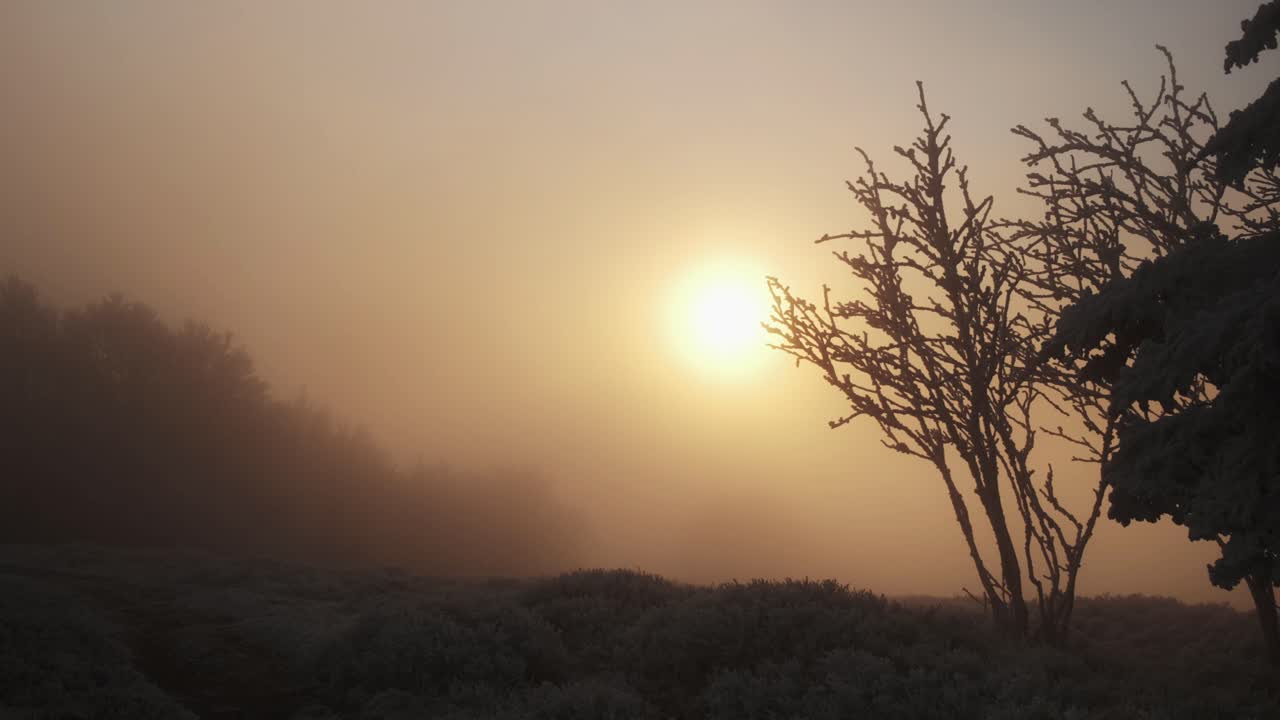 paisaje de montaña helado de invierno durante una tormenta con viento fuerte al atardecer