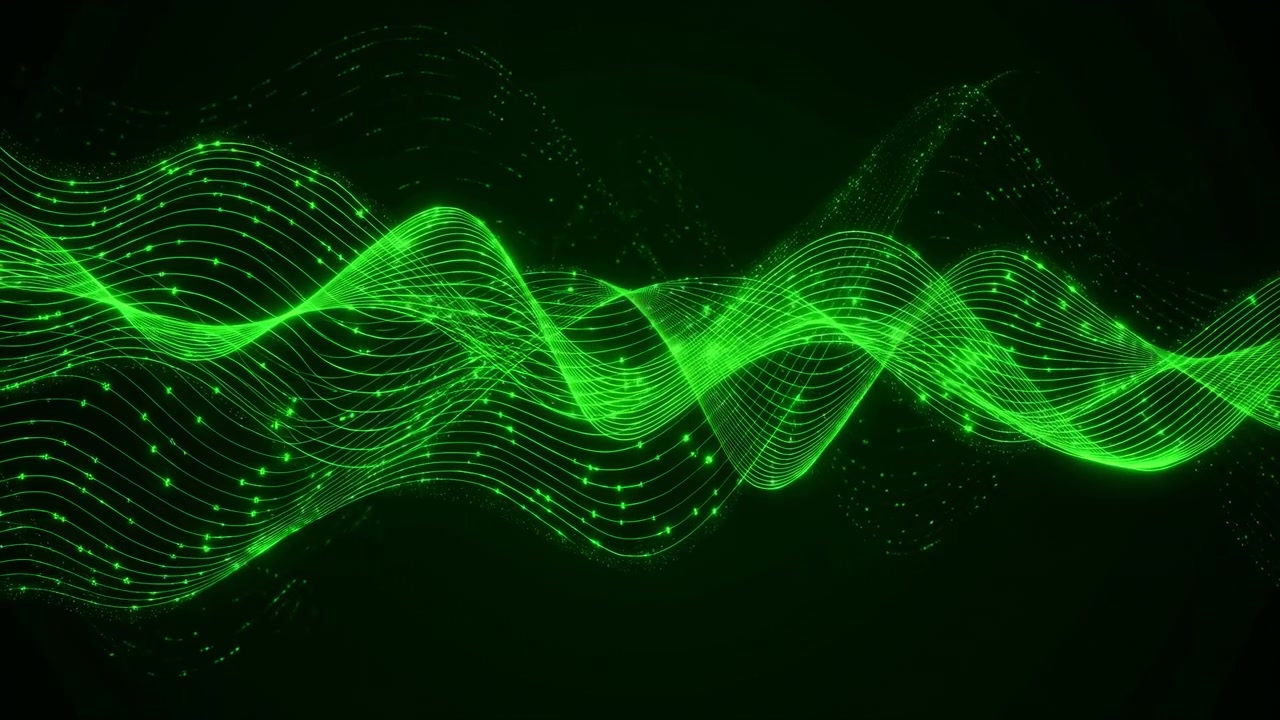Glowing green wave bands and scattered particle lights move across a black backdrop, creating a futuristic digital energy effect with a sleek modern feel