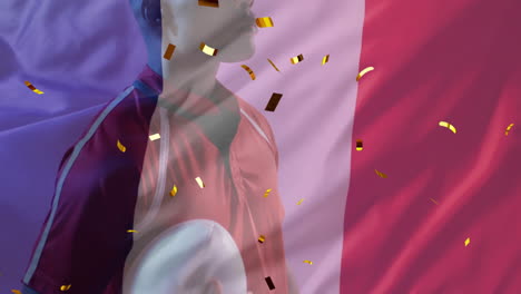 animation of confetti and flag of france over african american male rugby player