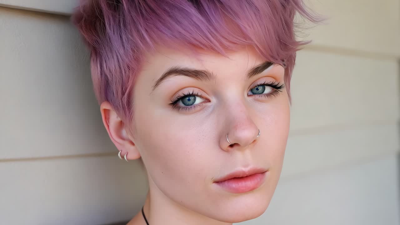 Confident young woman with vibrant purple hair and nose piercing wearing brown sweater, gazing directly into camera with bold, contemporary personal style