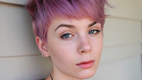 confident young woman with vibrant purple hair and nose piercing wearing brown sweater, gazing directly into camera with bold, contemporary personal style