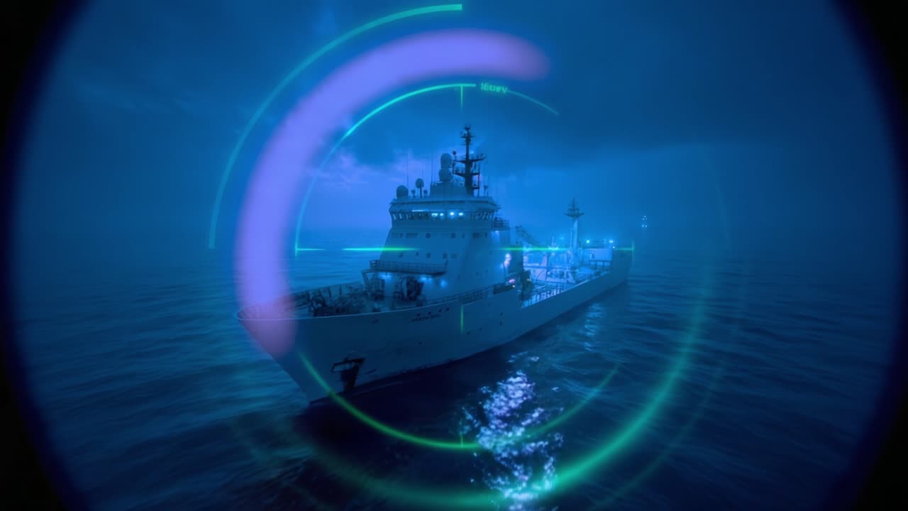 Naval ship sails at night under radar scope view. Blue glow lights surround vessel, enhancing mystery. Water reflects ship's silhouette in dark ocean. No humans visible. Ideal for military, security
