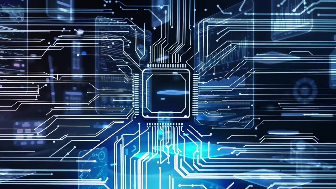 Pulserende CPU-chip udsender glødende datastrømme på printplade, med spor og gennemsigtige paneler