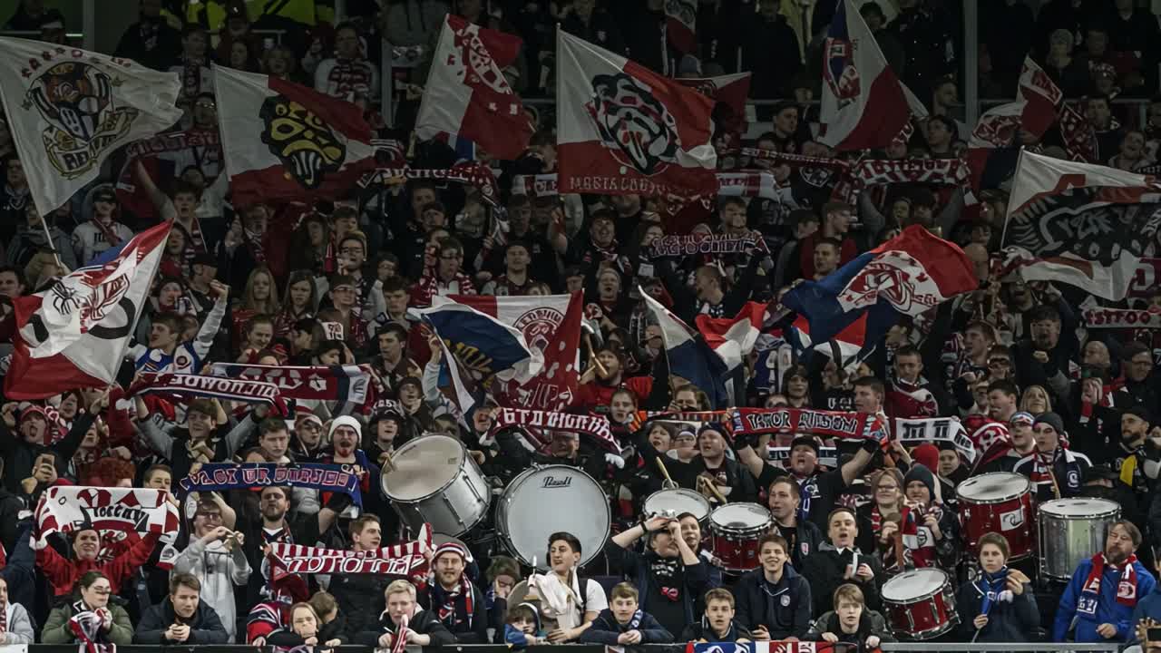 Enthusiastic Fans Celebrating with Flags and Drums in a Spirited Atmosphere at a High-Energy Sporting Event Filled with Passion and Team Spirit
